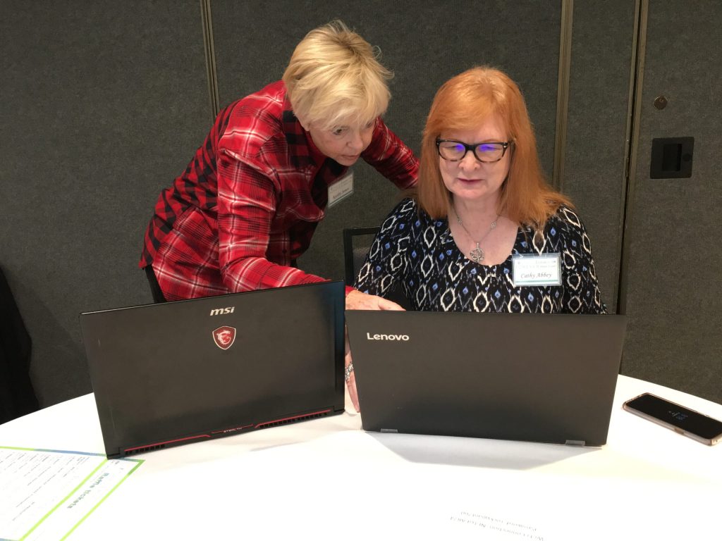 Woman standing looking at monitor with woman sitting