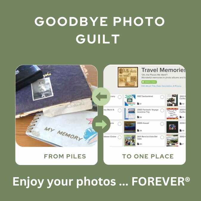 Graphic showing messy photos and one clean organization