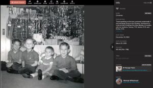 Kids in front of Christmas tree 1962 with area to right for writing descriptions
