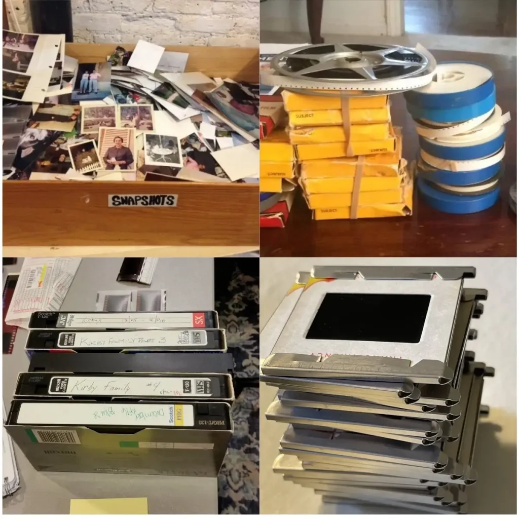Stacks of slides, photos, videos