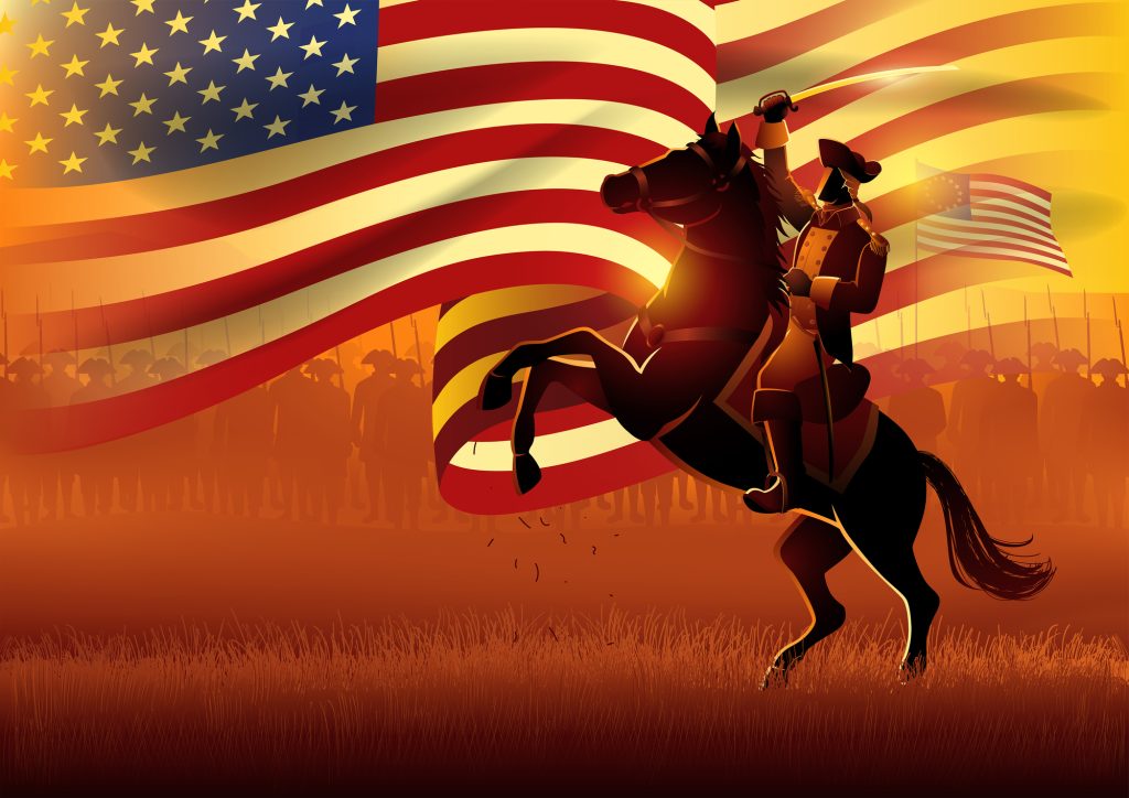 Colonial on horseback American flag in background