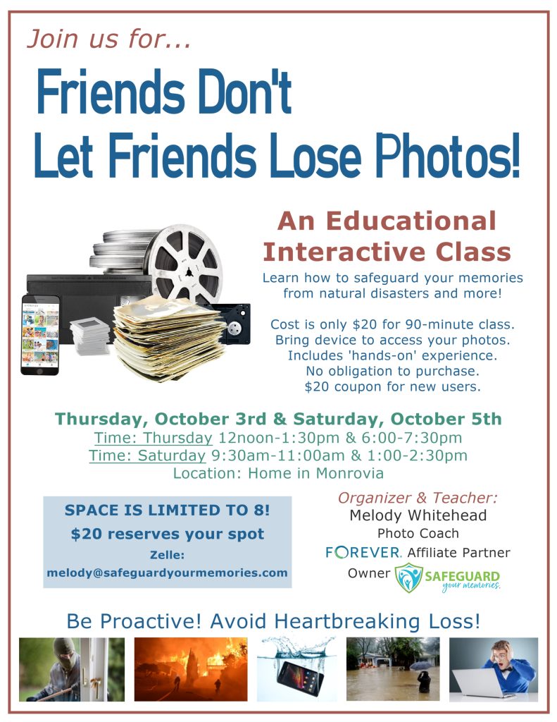 Graphic for educational session: friends don't let friends lose photos.