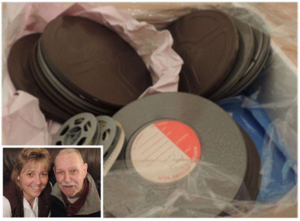 Woman, dad and reel to reel film.