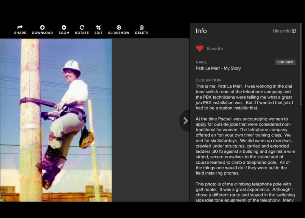 Woman climbing utility pole, written text in margin
